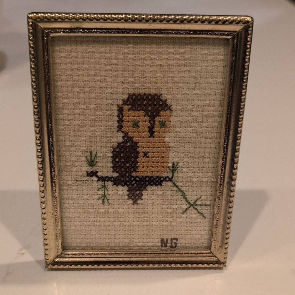 Handcrafted Owl Cross-Stitch in Gold Frame Vintage